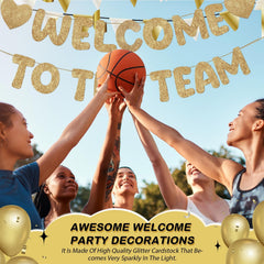 Fulmoon champagne gold welcome banner hanging as decor in workspace