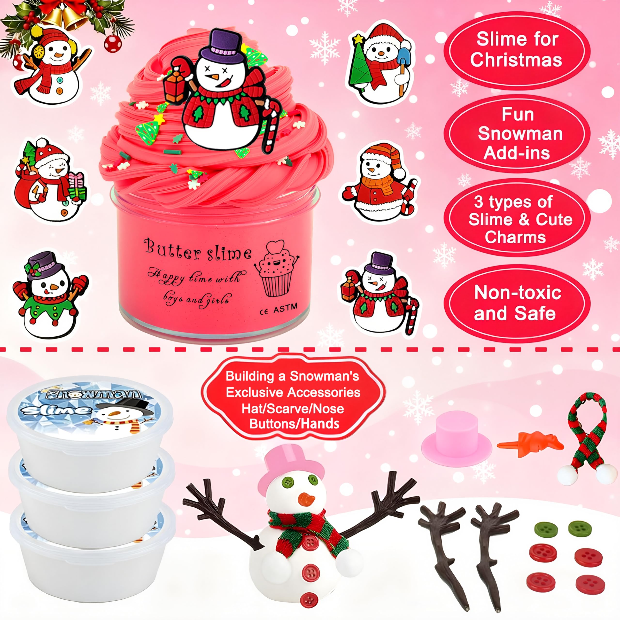 Fumeetplax Snowman Kit contents laid out with hats and scarves for imaginative builds.