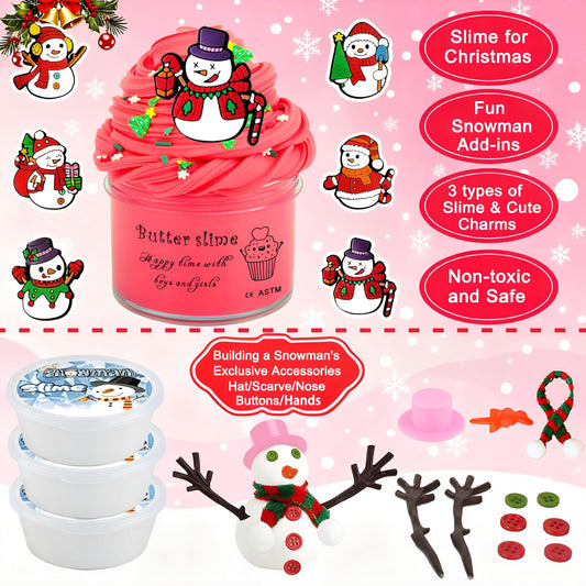 Fumeetplax Snowman Kit contents laid out with hats and scarves for imaginative builds.