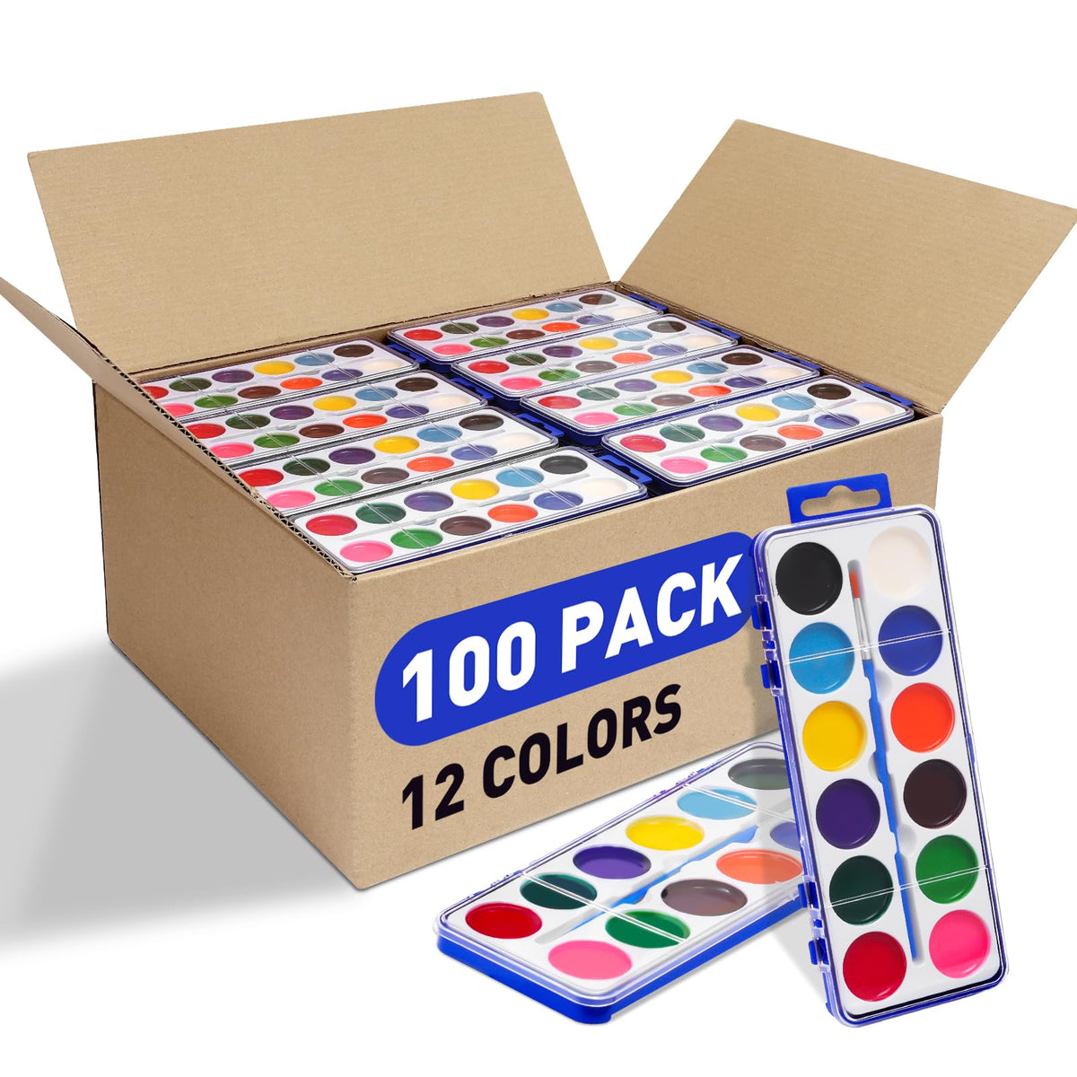 FUMILE 100-pack kids watercolor set with 12 colors and brush for classroom projects.
