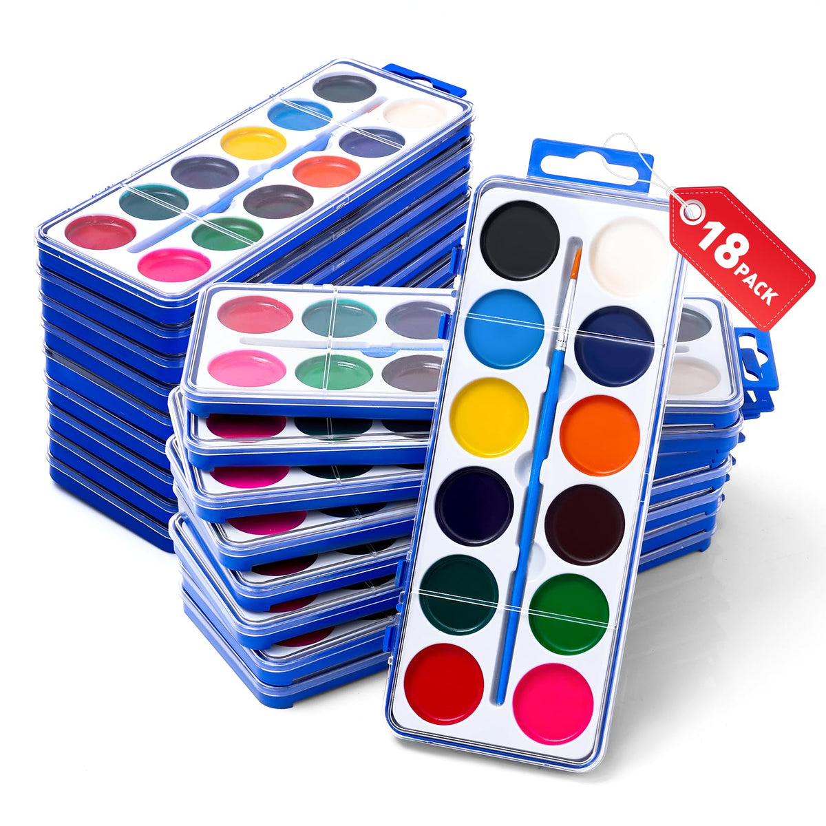FUMILE 18-pack watercolor set for kids with vibrant paints and brush in a display.
