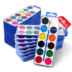 FUMILE 18-pack watercolor set for kids with vibrant paints and brush in a display.