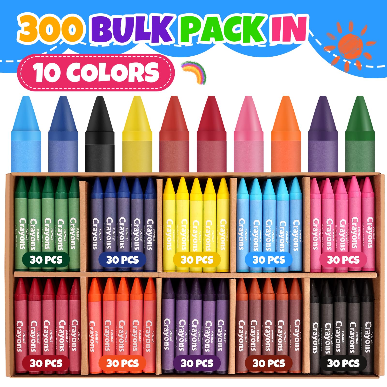 FUMILE washable crayons that wipe clean from skin and clothing.