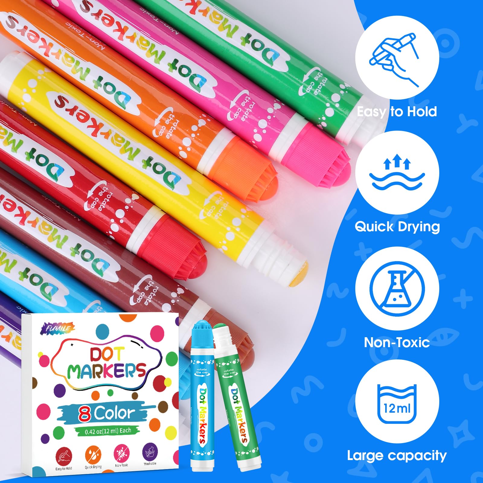 FUMILE washable, non-toxic dot markers ideal for classroom crafts.