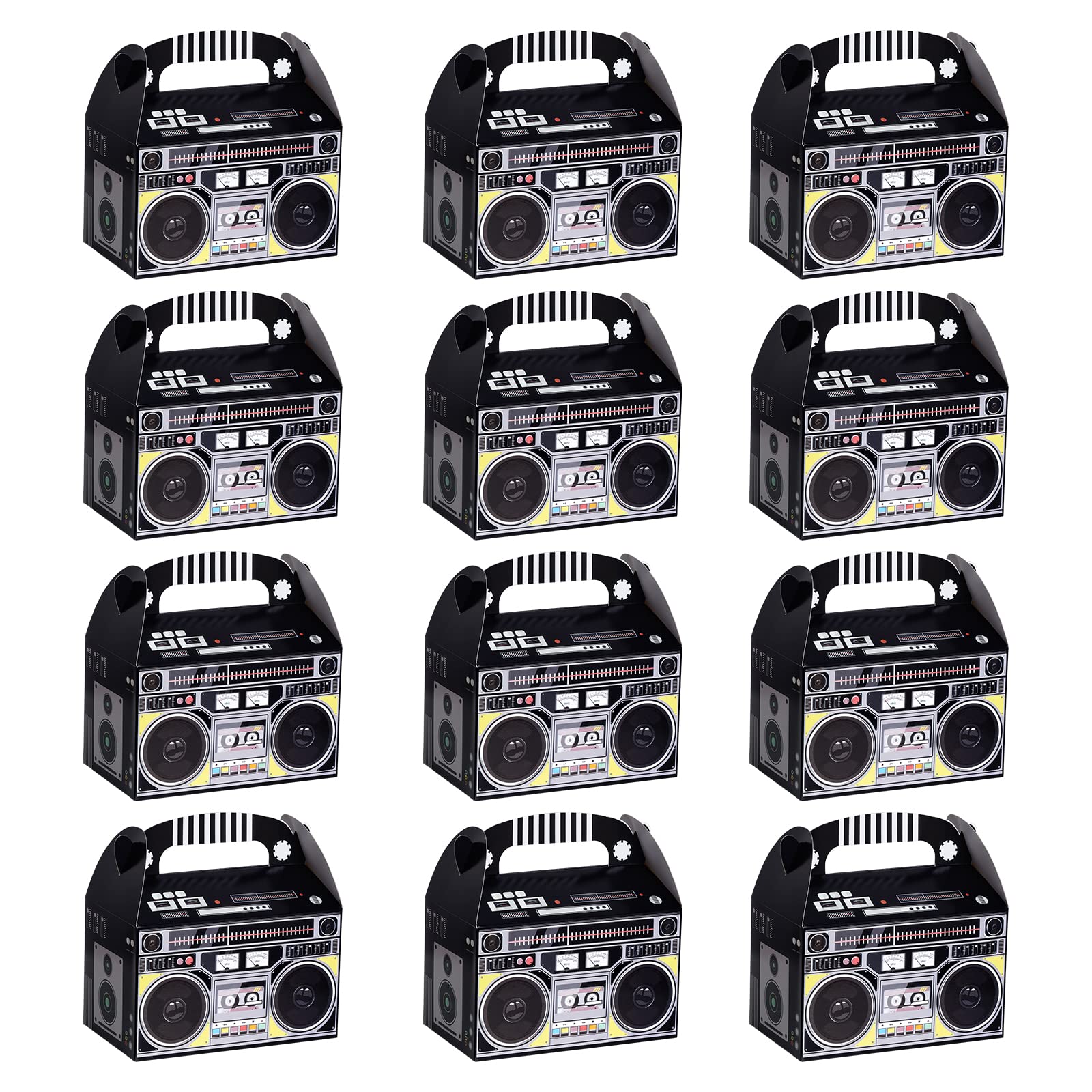 Fumwase 12-pack boombox favor box with colorful retro print for party tables