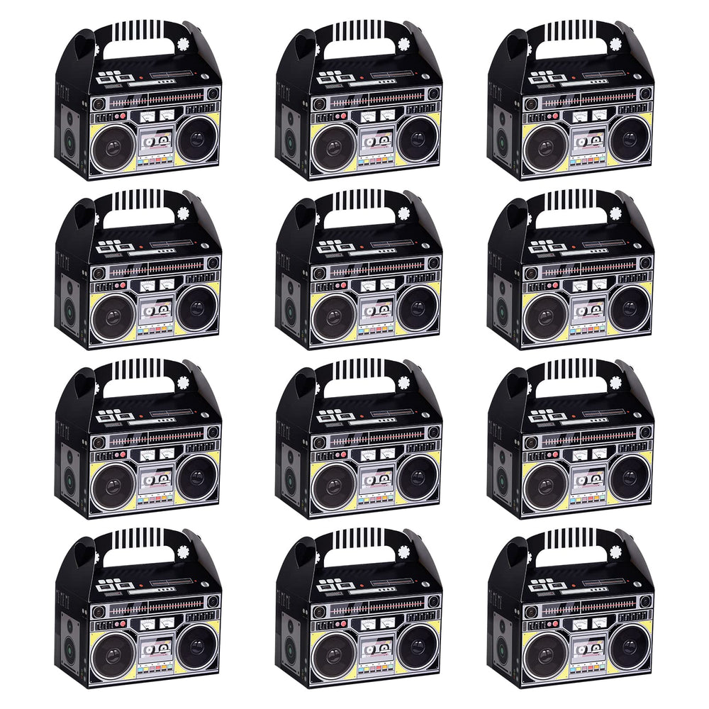Fumwase 12-pack boombox favor box with colorful retro print for party tables