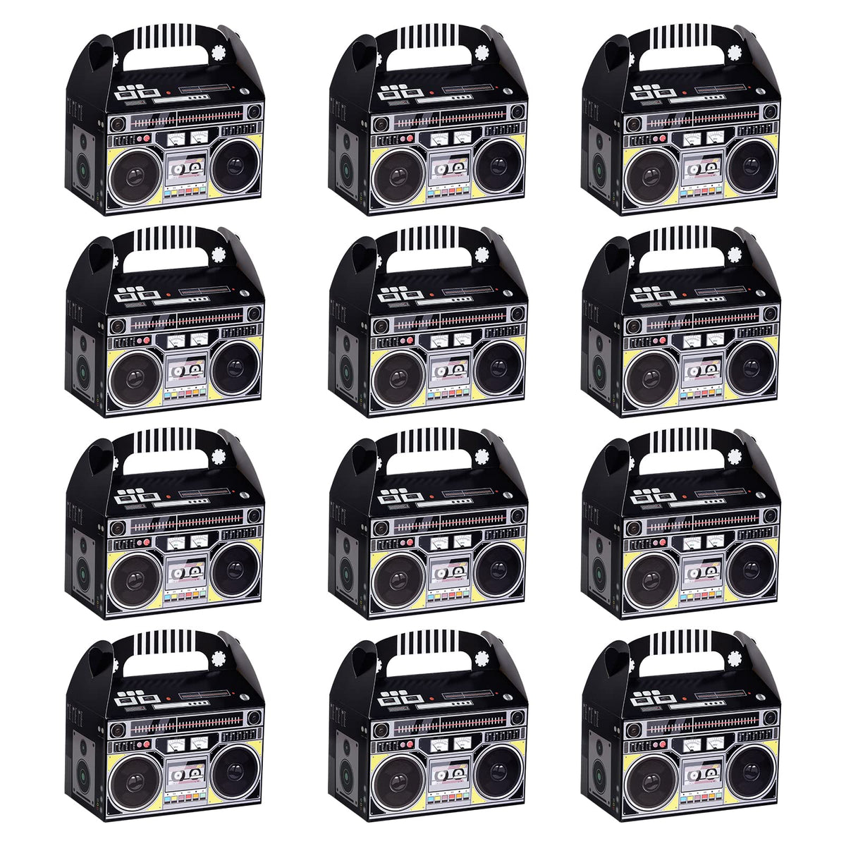 Fumwase 12-pack boombox favor box with colorful retro print for party tables