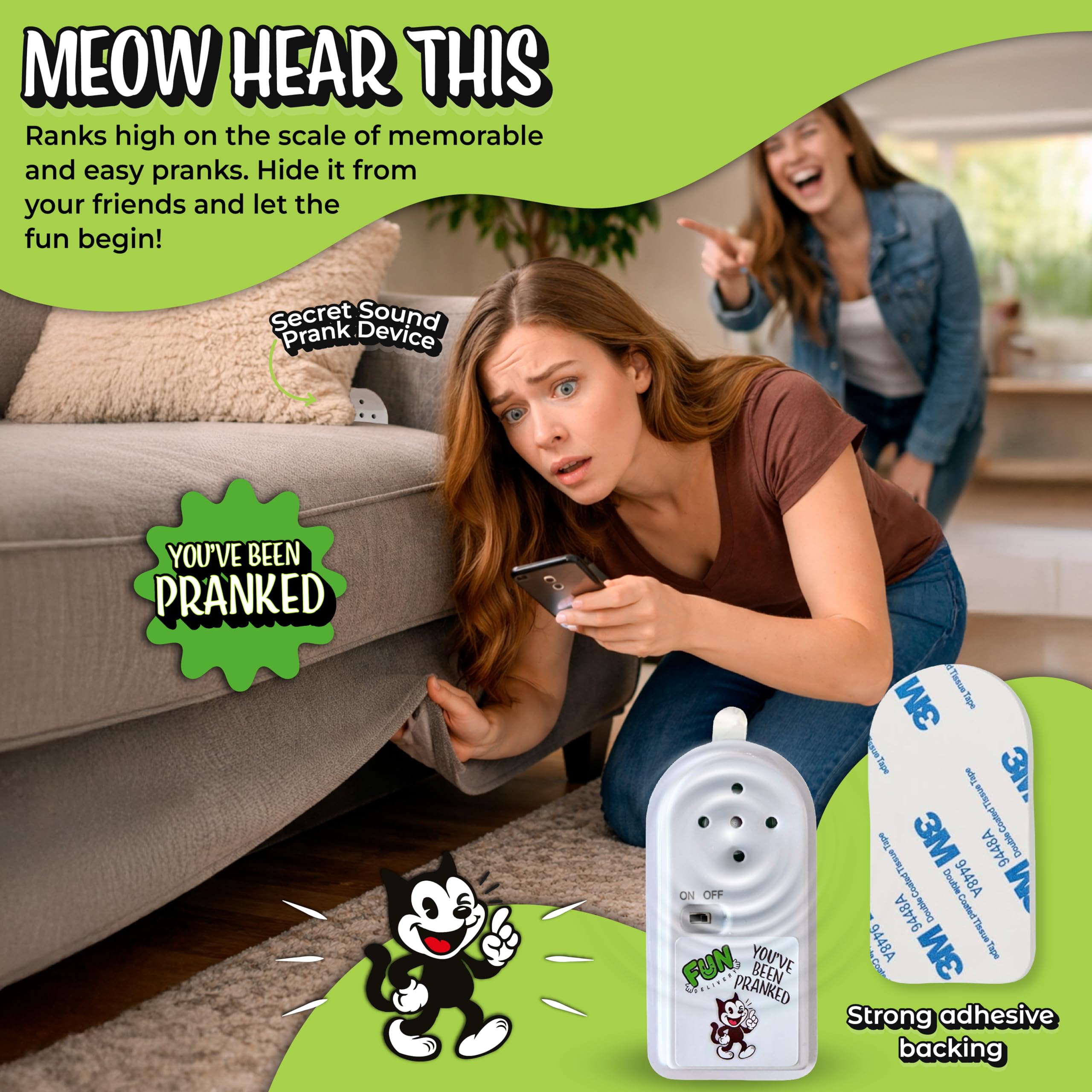 FUN delivery Meow Hear This hidden-cat-prank-device displayed behind furniture for surprising coworkers.