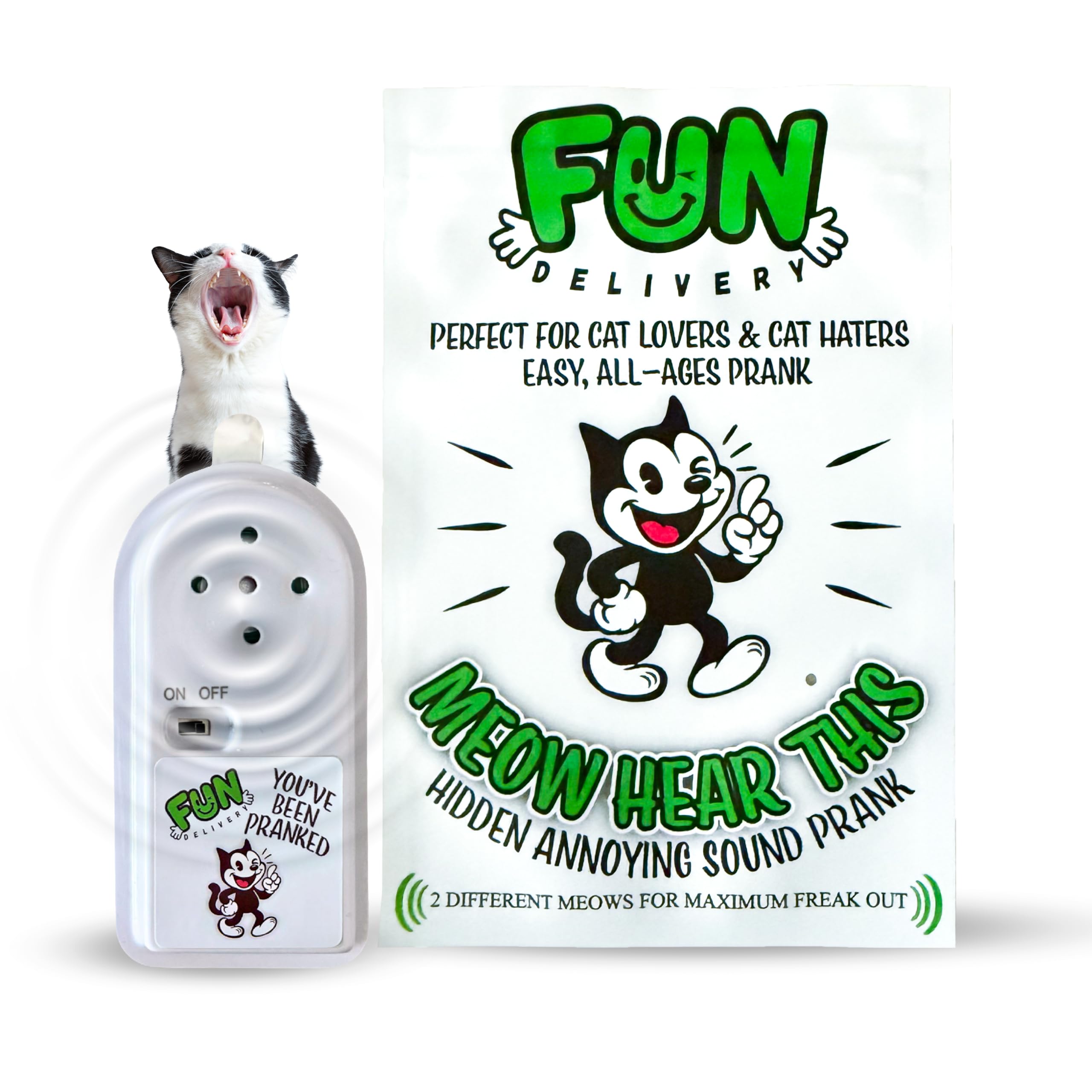 FUN delivery Meow Hear This device hidden under a desk delivers realistic meows.