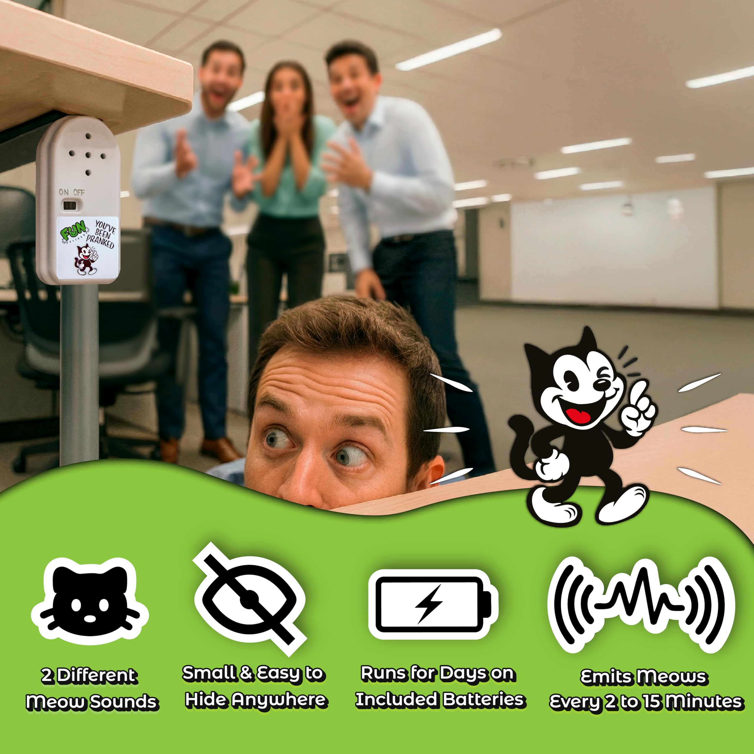 FUN delivery Meow Hear This with pre-installed batteries shown ready for instant use.