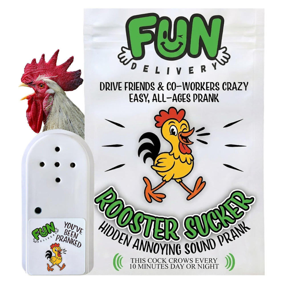 FUN delivery Rooster Sucker hidden crow prank device hiding behind a shelf for a dorm surprise