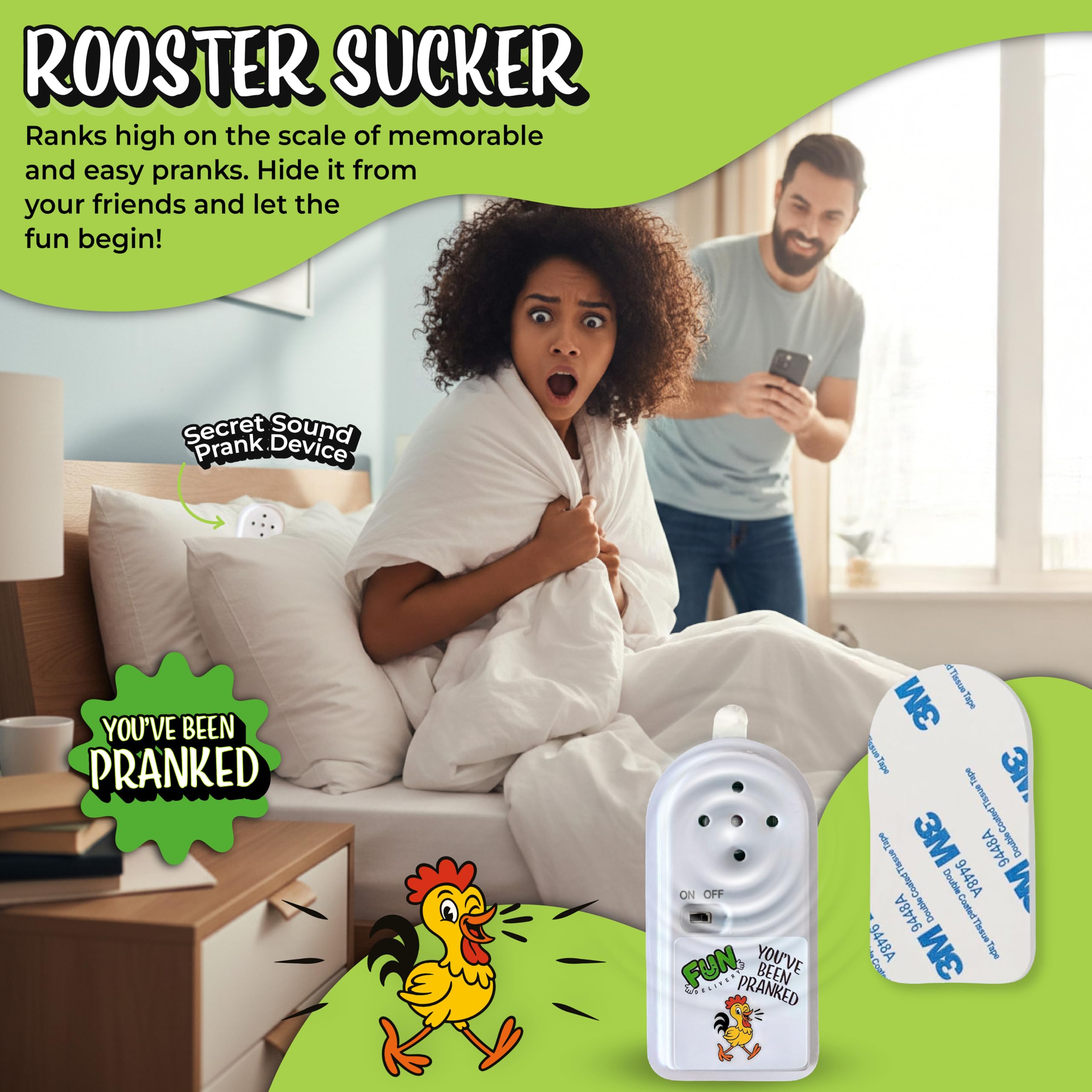 FUN delivery Rooster Sucker emitting crow at random intervals for unpredictable pranks