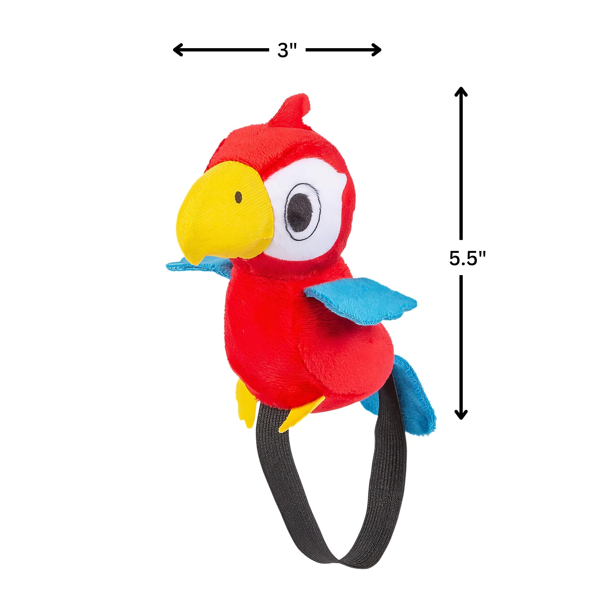Fun Express bright plush parrot detail complements party favors and decor.