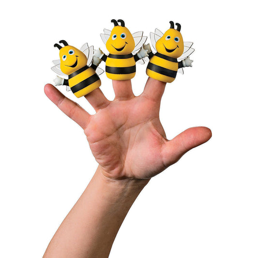 Fun Express Busy Bee finger puppets closeup for storytelling and classroom activities.