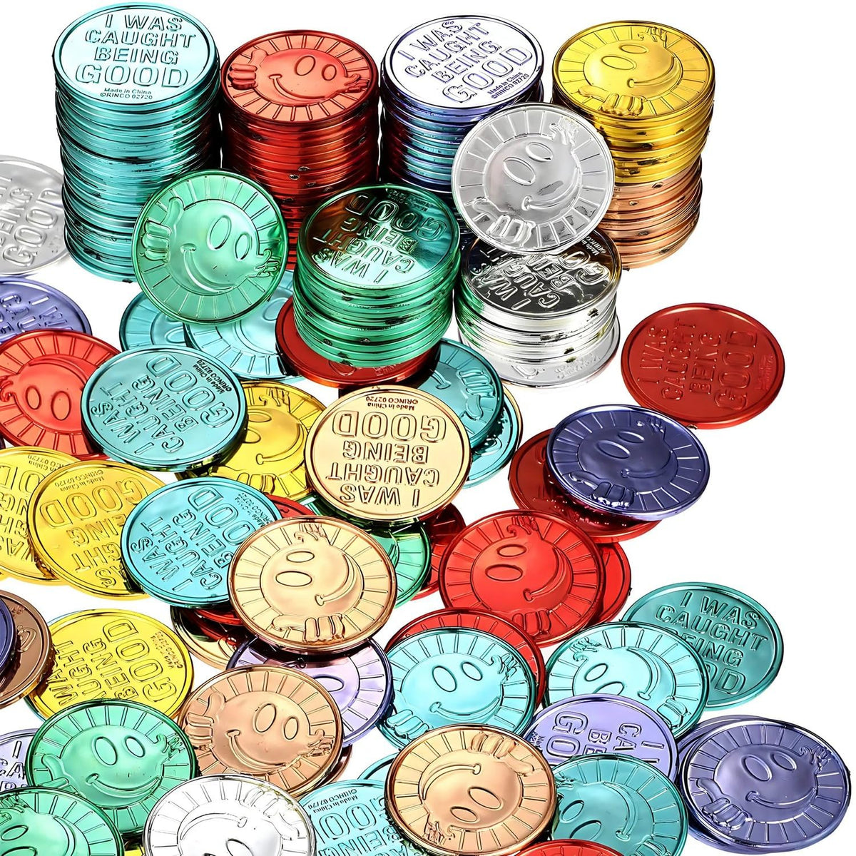 Fun Express Caught Being Good coins, coin in hand, ideal for instant classroom rewards.