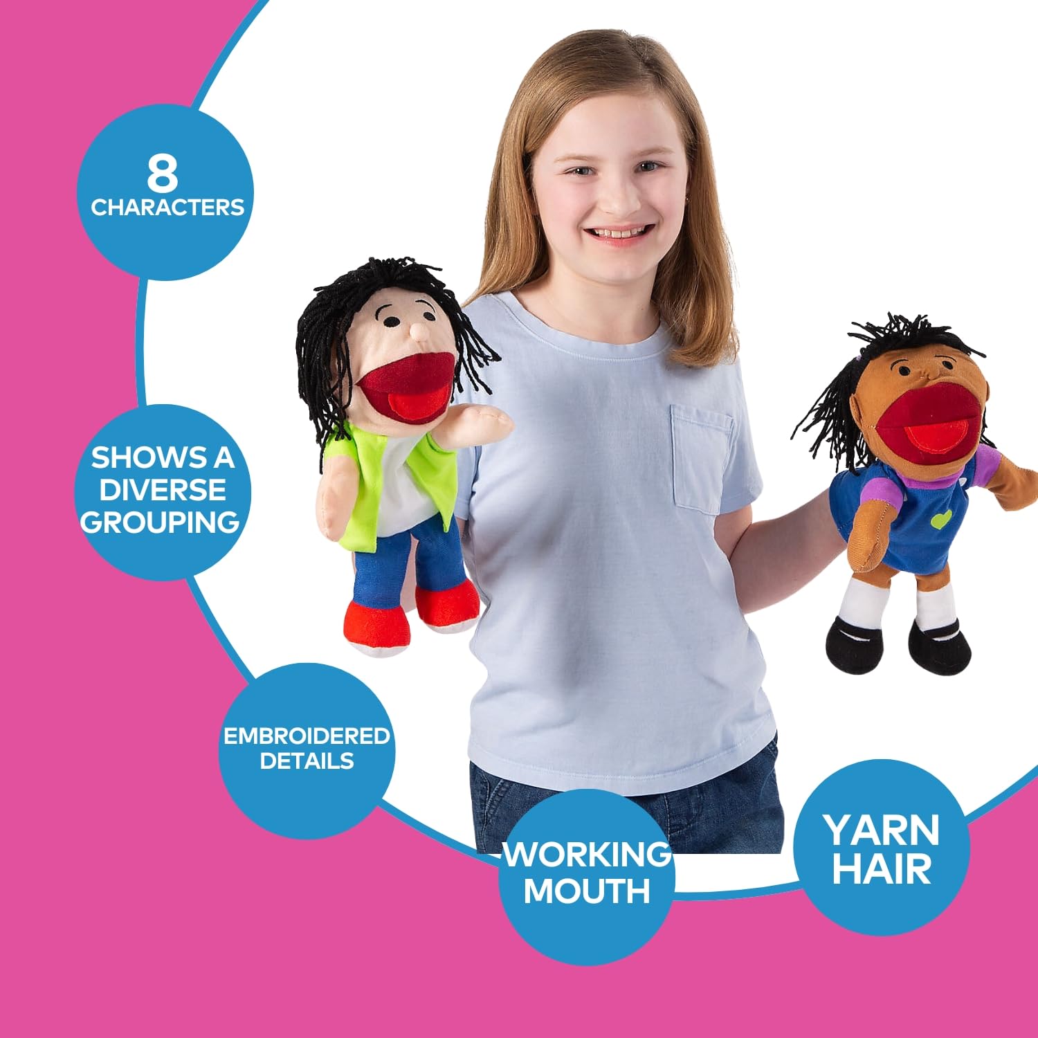Fun Express diverse puppets with unique yarn hairstyles for inclusive play