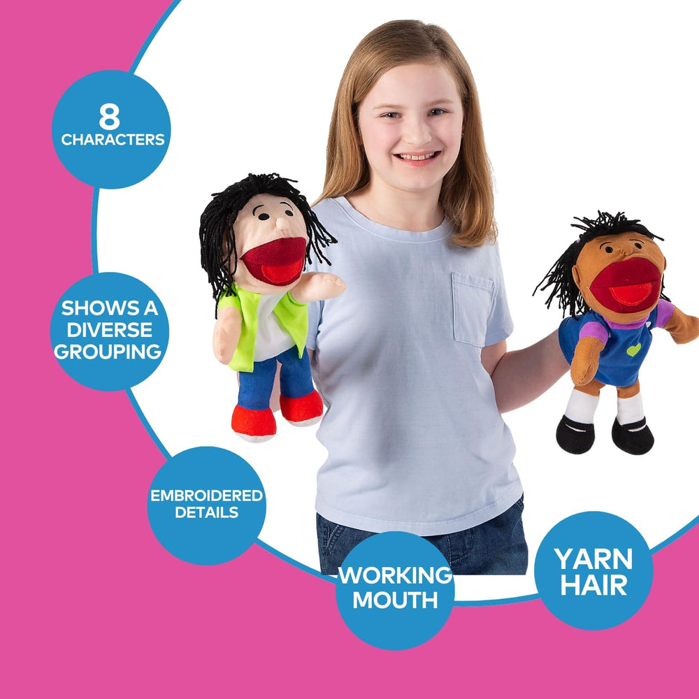 Fun Express diverse puppets with unique yarn hairstyles for inclusive play