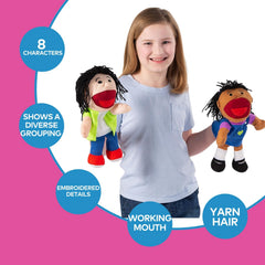 Fun Express diverse puppets with unique yarn hairstyles for inclusive play