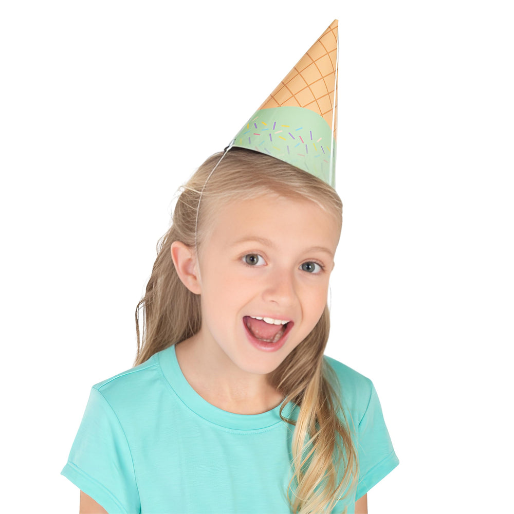 Kids wearing Fun Express ice cream cone hats with secure elastic band for comfortable party wear