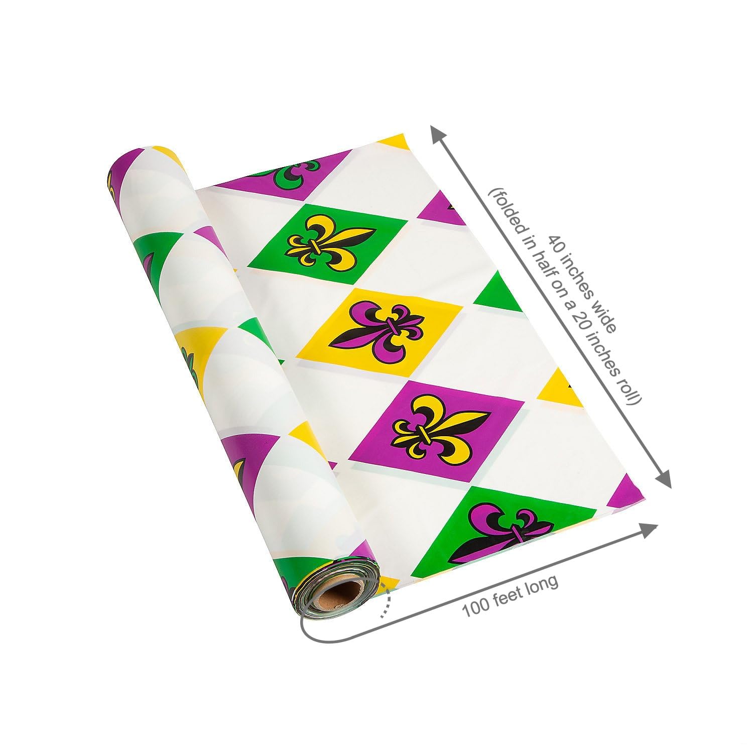 Fun Express Mardi Gras fleur-de-lis pattern tablecloth adds color to the setup