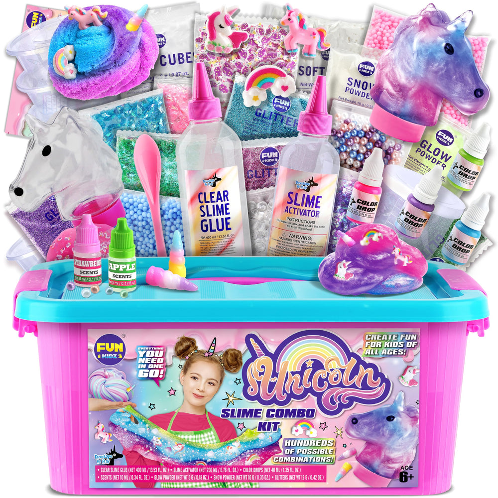 FUN KIDZ fluffy unicorn slime kit box with all-in-one setup, ideal for creative play.
