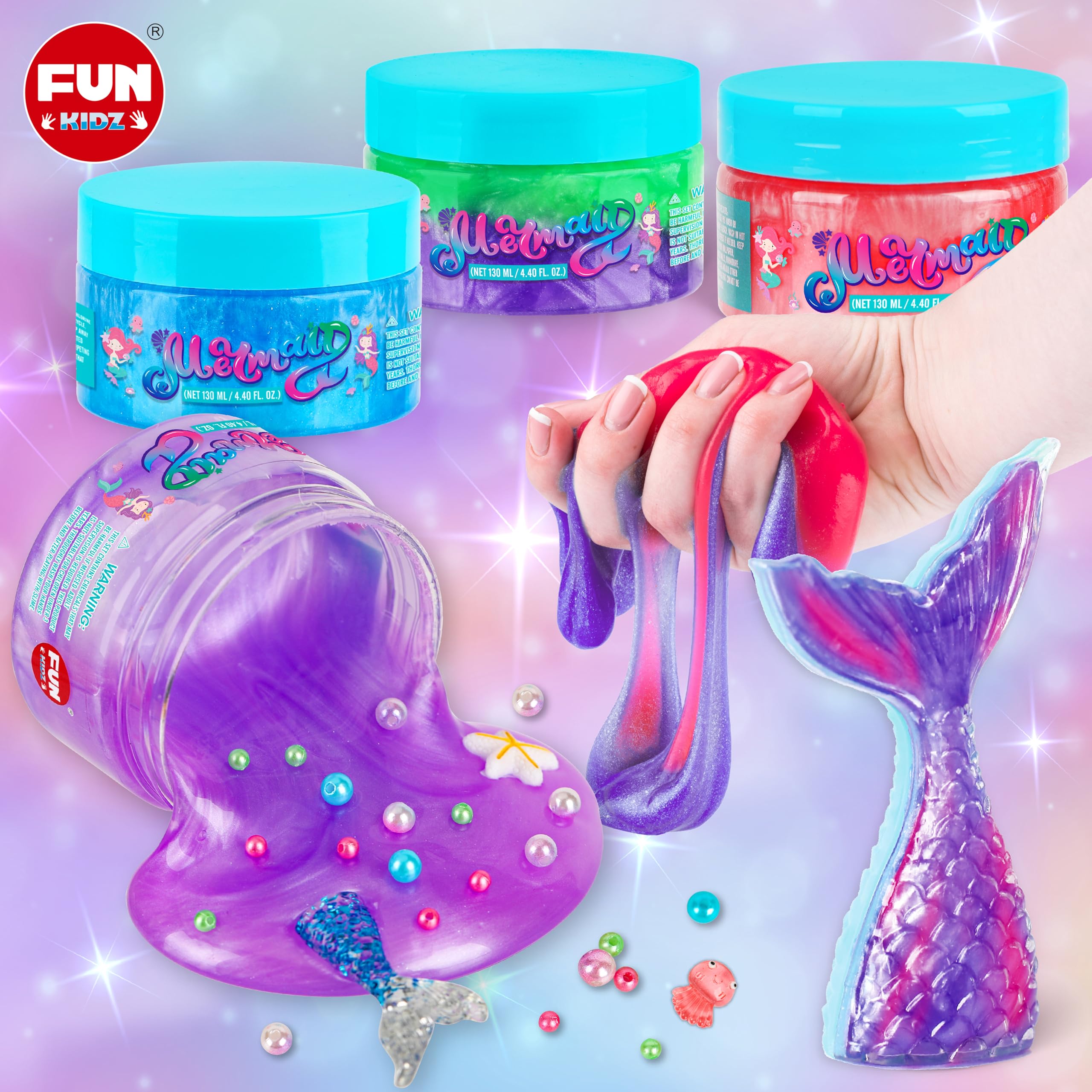 Premade glitter slime in three mermaid colors by FunKidz ideal for quick creative sessions