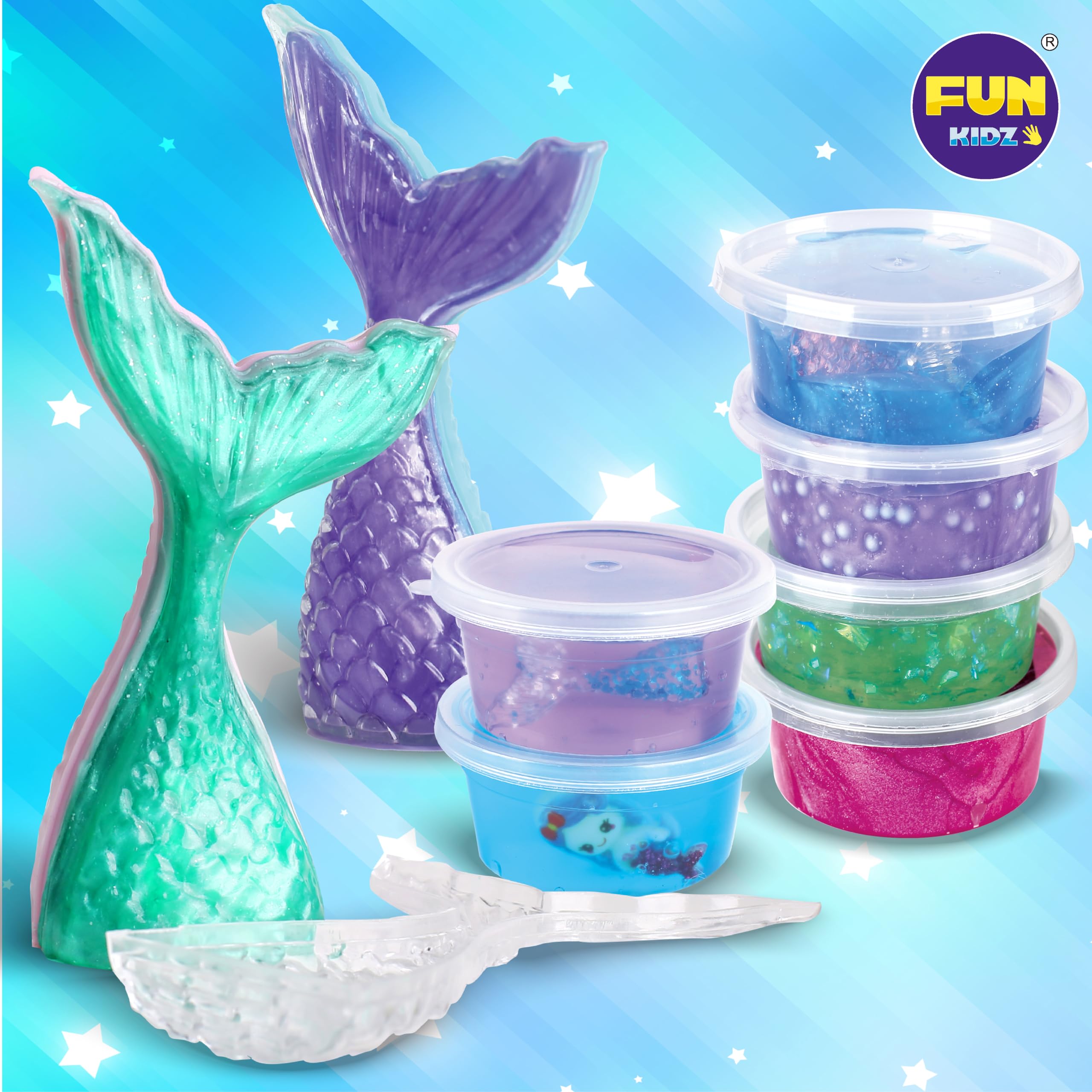 FunKidz Mermaid Slime Kit butter slime cloud texture delivers soft, glossy slime.
