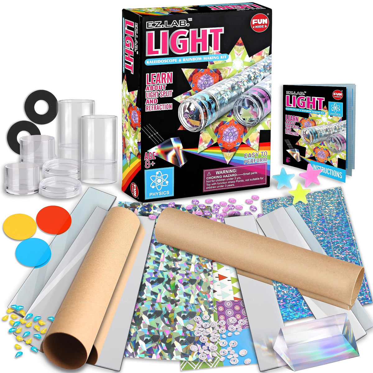 FUN KIDZ Twins Kaleidoscope Kit assembly shows two colorful optical devices for creative play