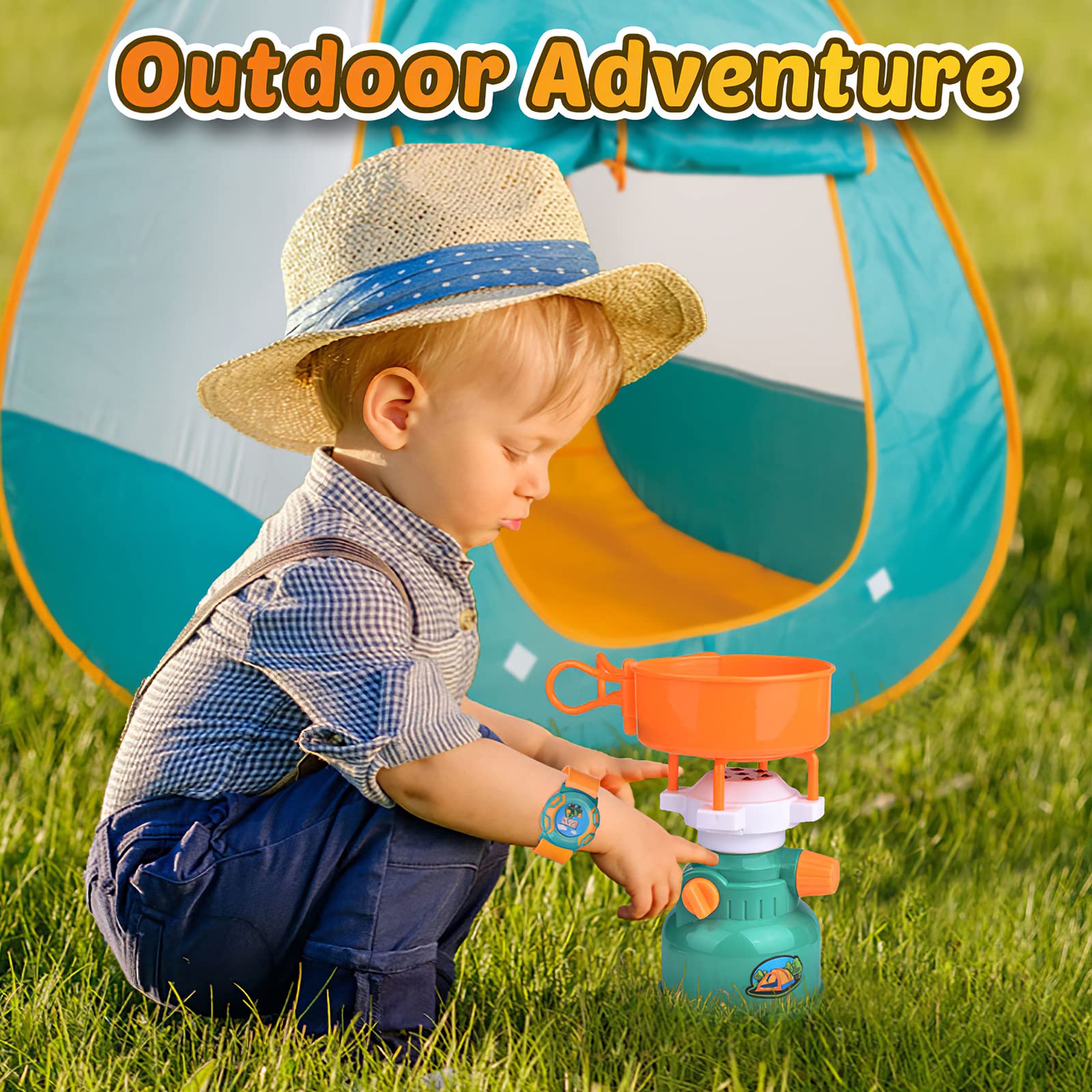 FUN LITTLE TOYS battery-powered gas stove lights up kids' pretend campsite.