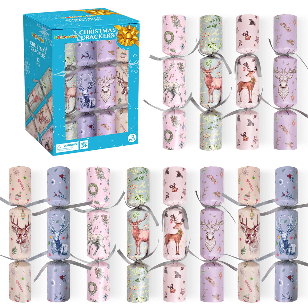 FUN LITTLE TOYS Christmas crackers 12-pack on a festive table, ideal party gifts.