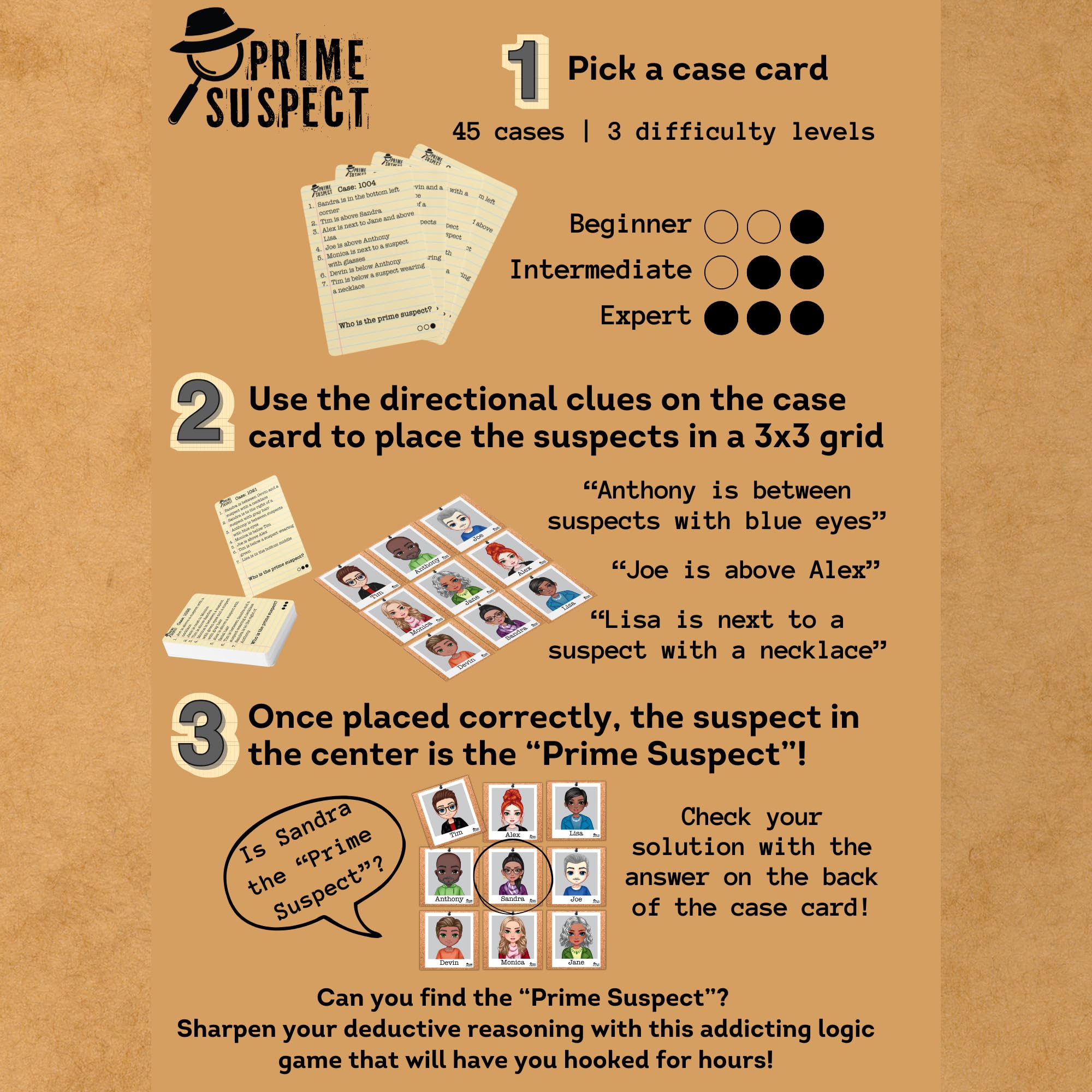 Fun Squared Games Prime Suspect case cards span beginner to expert stages for scalable brain challenges