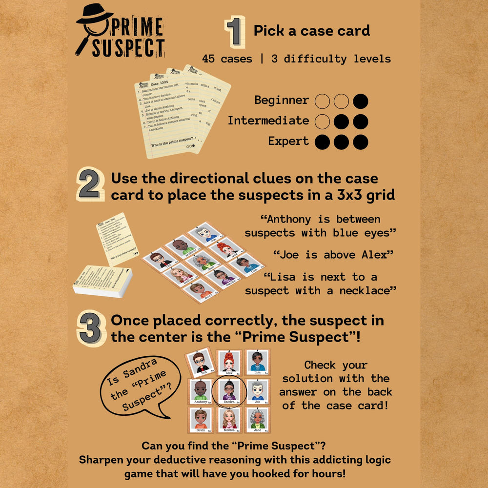 Fun Squared Games Prime Suspect case cards span beginner to expert stages for scalable brain challenges