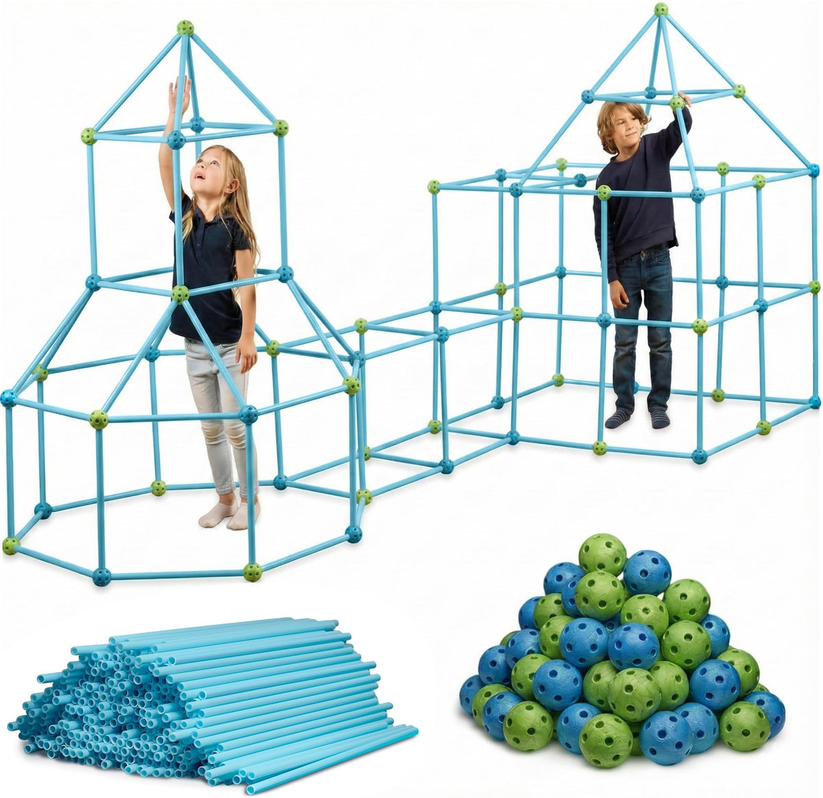 FUNbelievable 132-piece fort building kit laid out for imaginative indoor play and endless builds