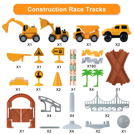 Funbud construction race track set bridges and signs enhance interactive racing layouts.