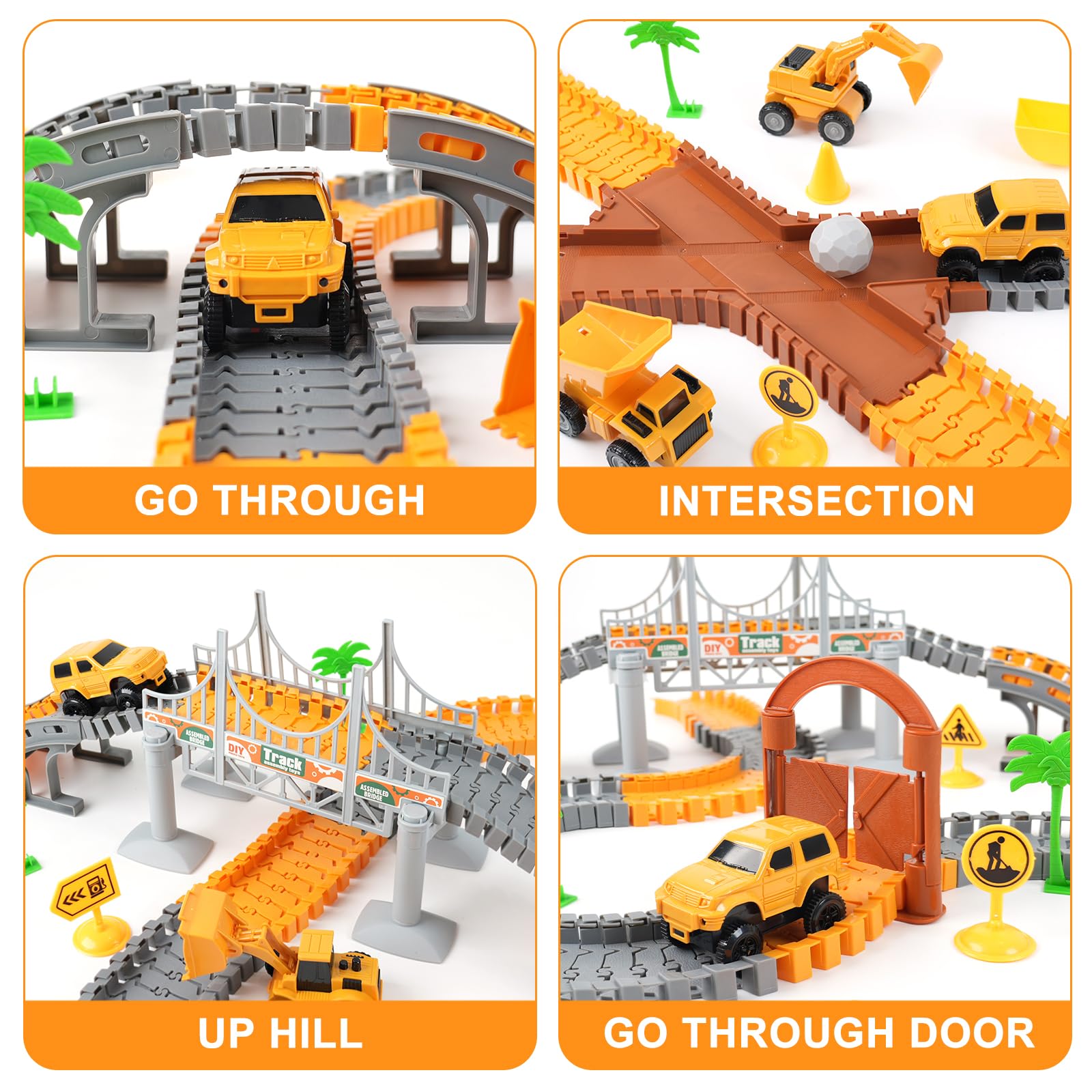 Funbud construction race track set construction cars speed across dynamic layouts.
