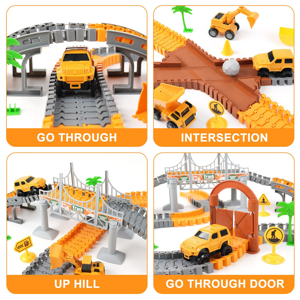 Funbud construction race track set construction cars speed across dynamic layouts.