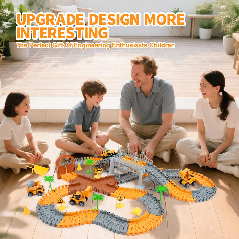 Funbud construction race track set family play promotes teamwork and shared building moments.