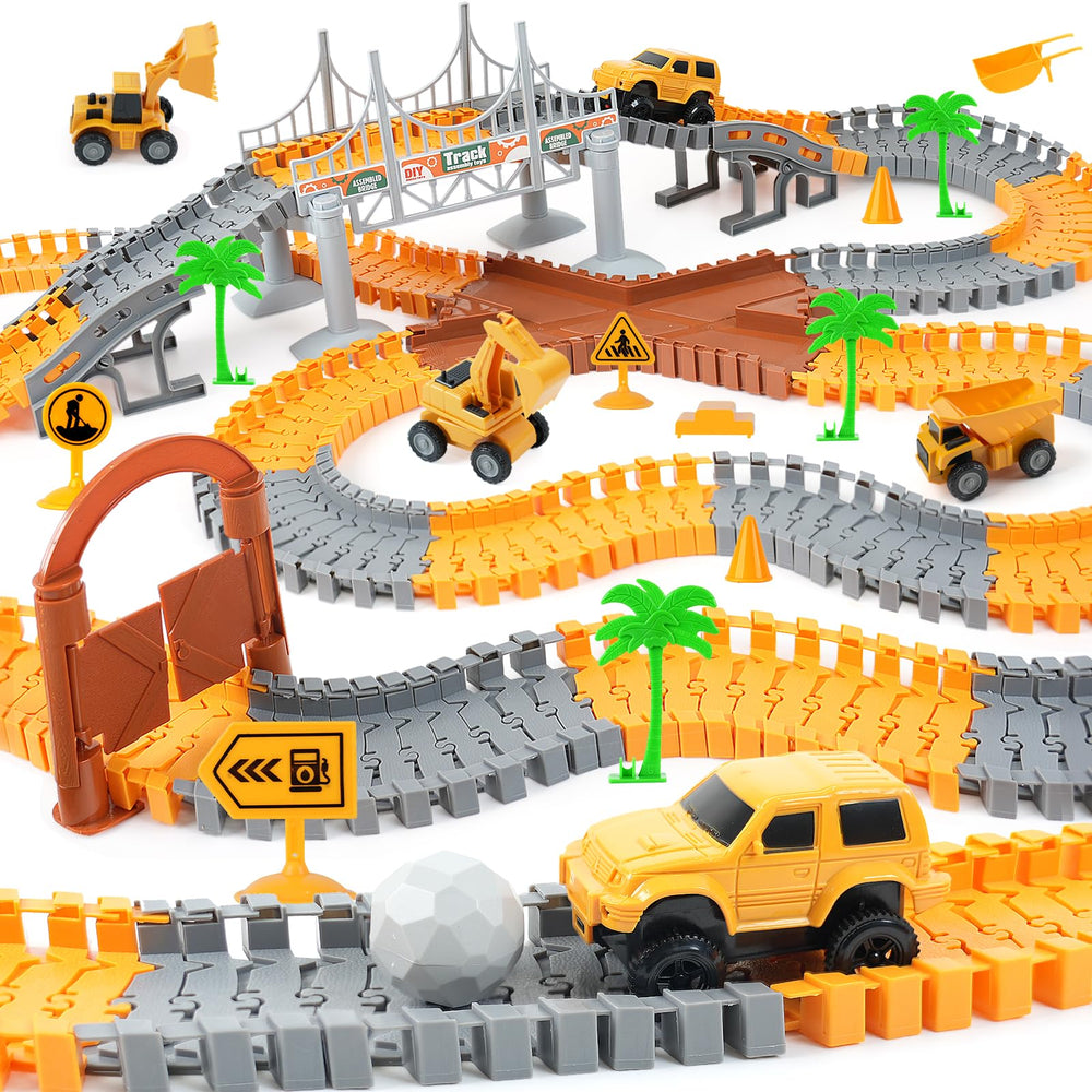 Funbud construction race track set with flexible tracks inspires imaginative building play.