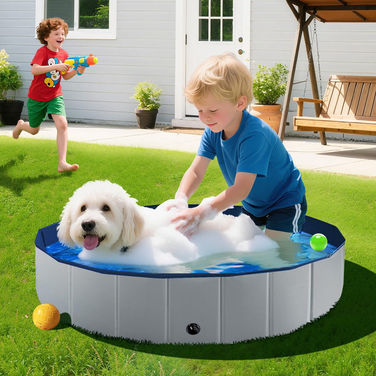 FunBy foldable dog pool shell closeup highlights sturdy anti-slip design for safe water play