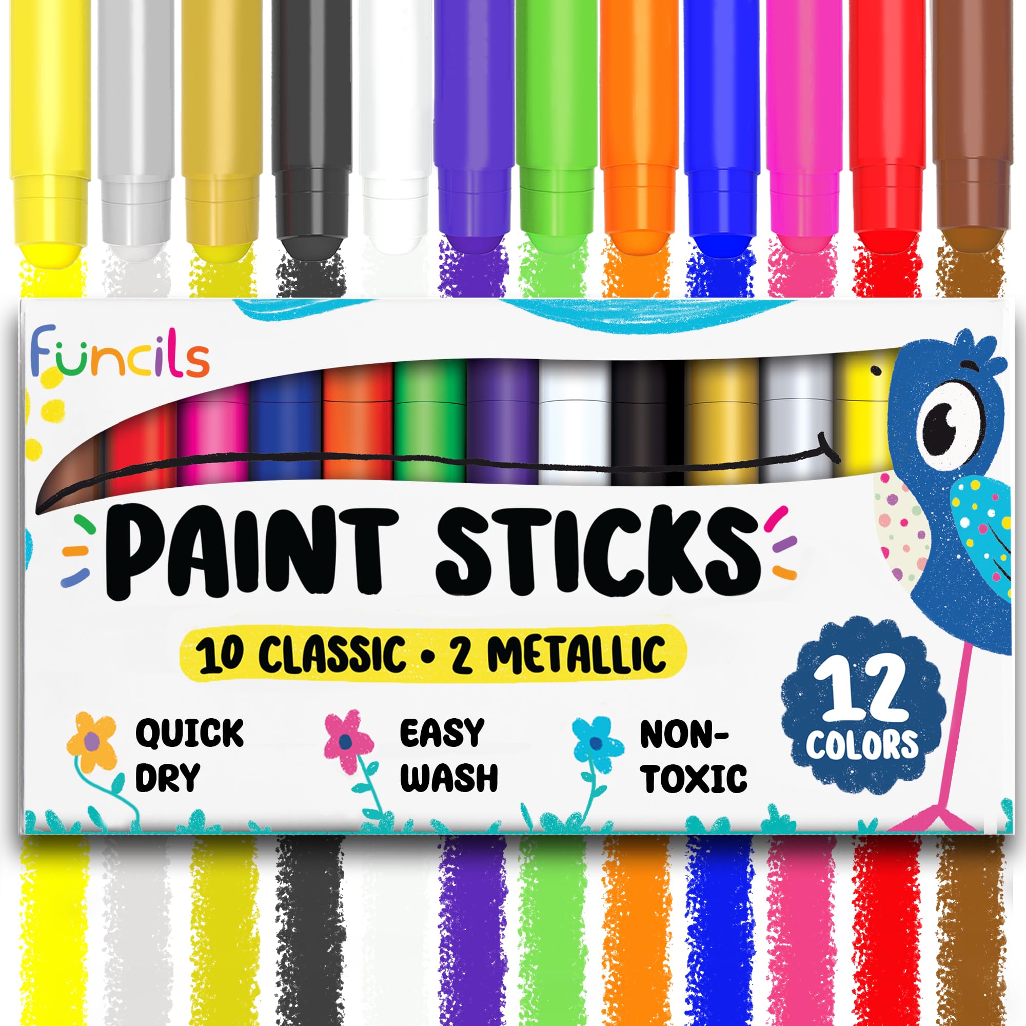 Funcils 12 tempera sticks pack with vibrant colors for kids' art projects.
