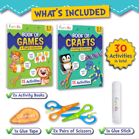 Funcils activity books cover showing games to boost coordination.
