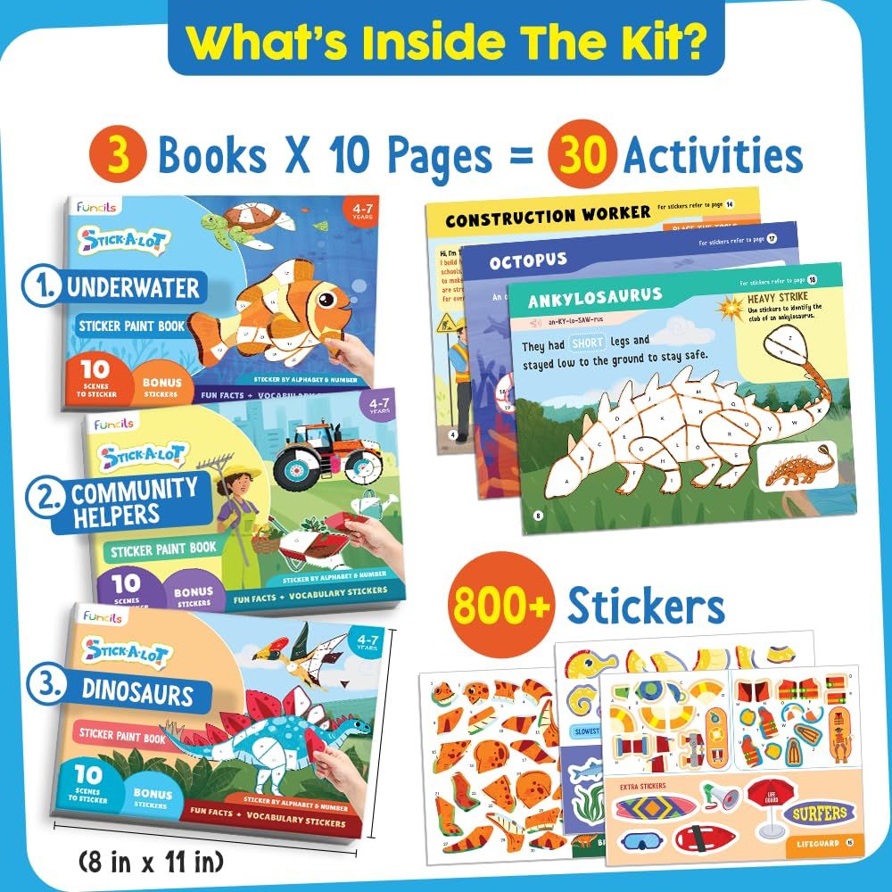 Funcils Paint by Sticker dinosaurs page invites hands on learning through themed scenes