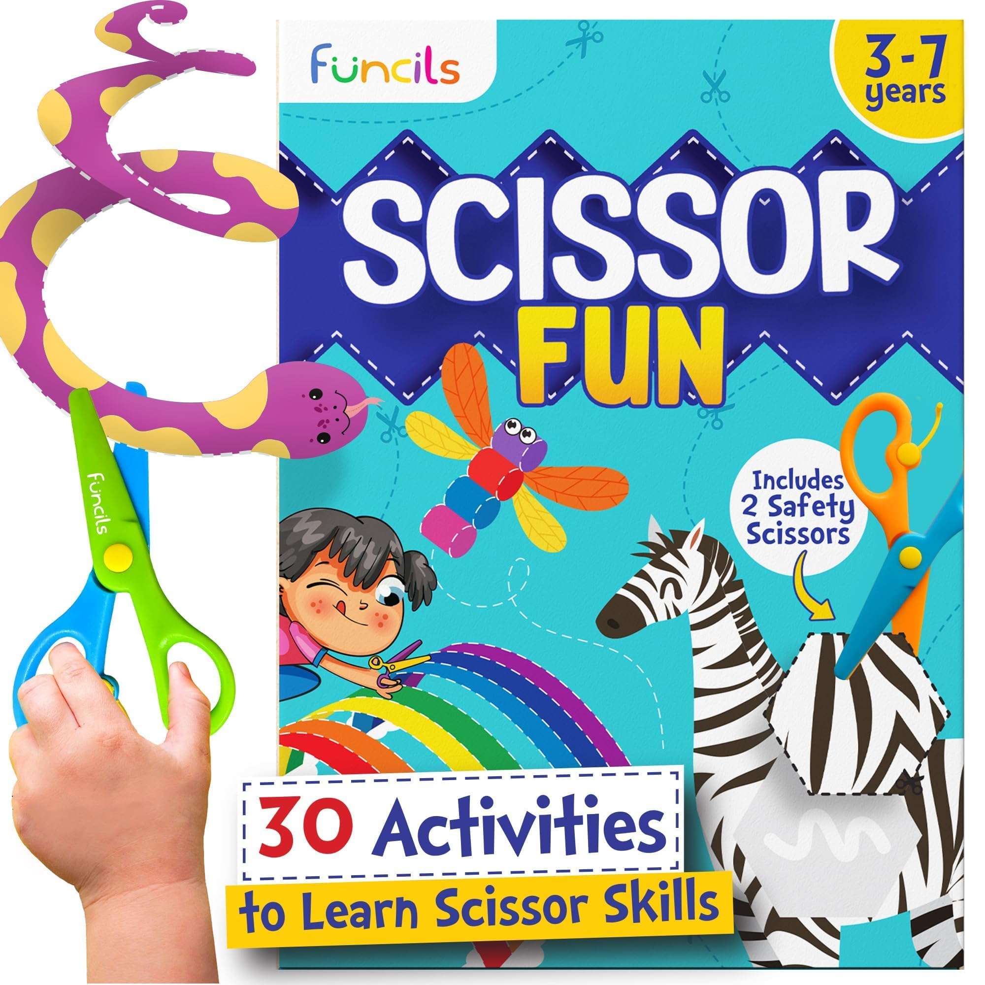 Funcils toddler scissors with rounded tips for safe cutting practice.