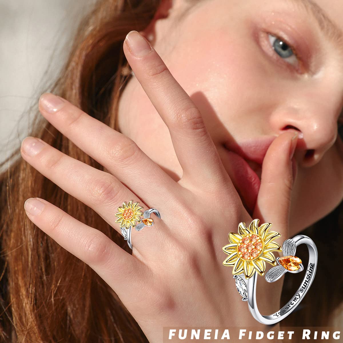 FUNEIA fidget ring flower bee design blends whimsy with calm fidgeting.
