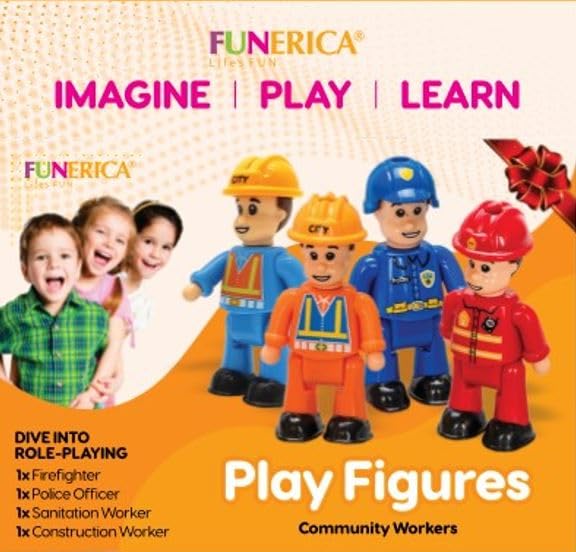 FUNERICA kids imaginative play setup with four community helpers.