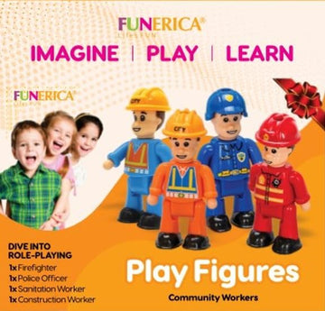 FUNERICA kids imaginative play setup with four community helpers.