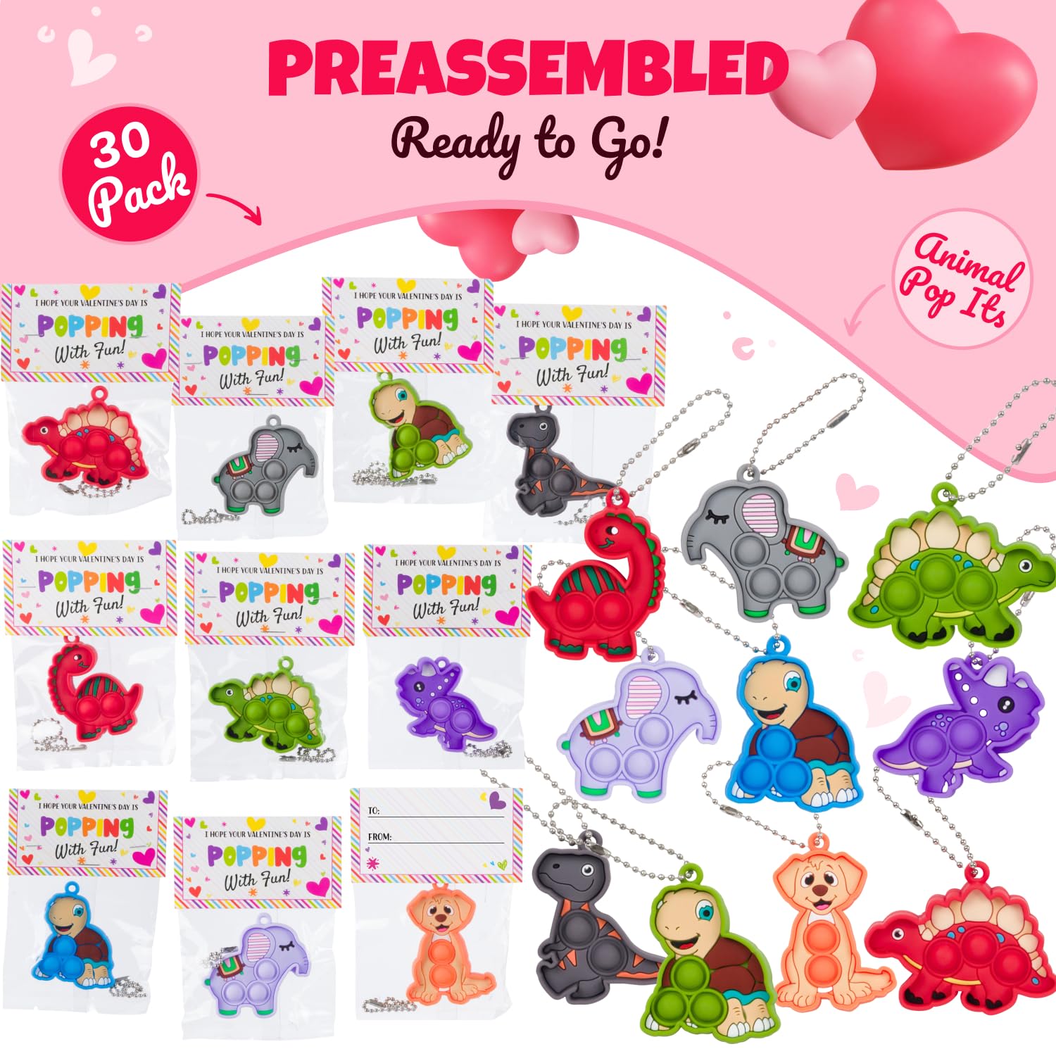 Funeta Valentine cards with pop-it keychains for easy classroom exchanges