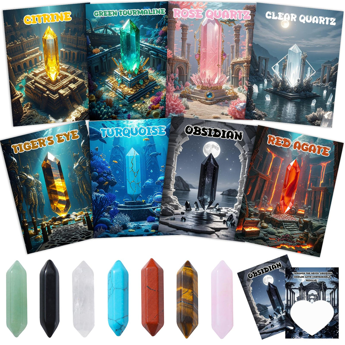 Funewest Atlantis crystal cards design with underwater ruins and crystals for Valentine's gifts