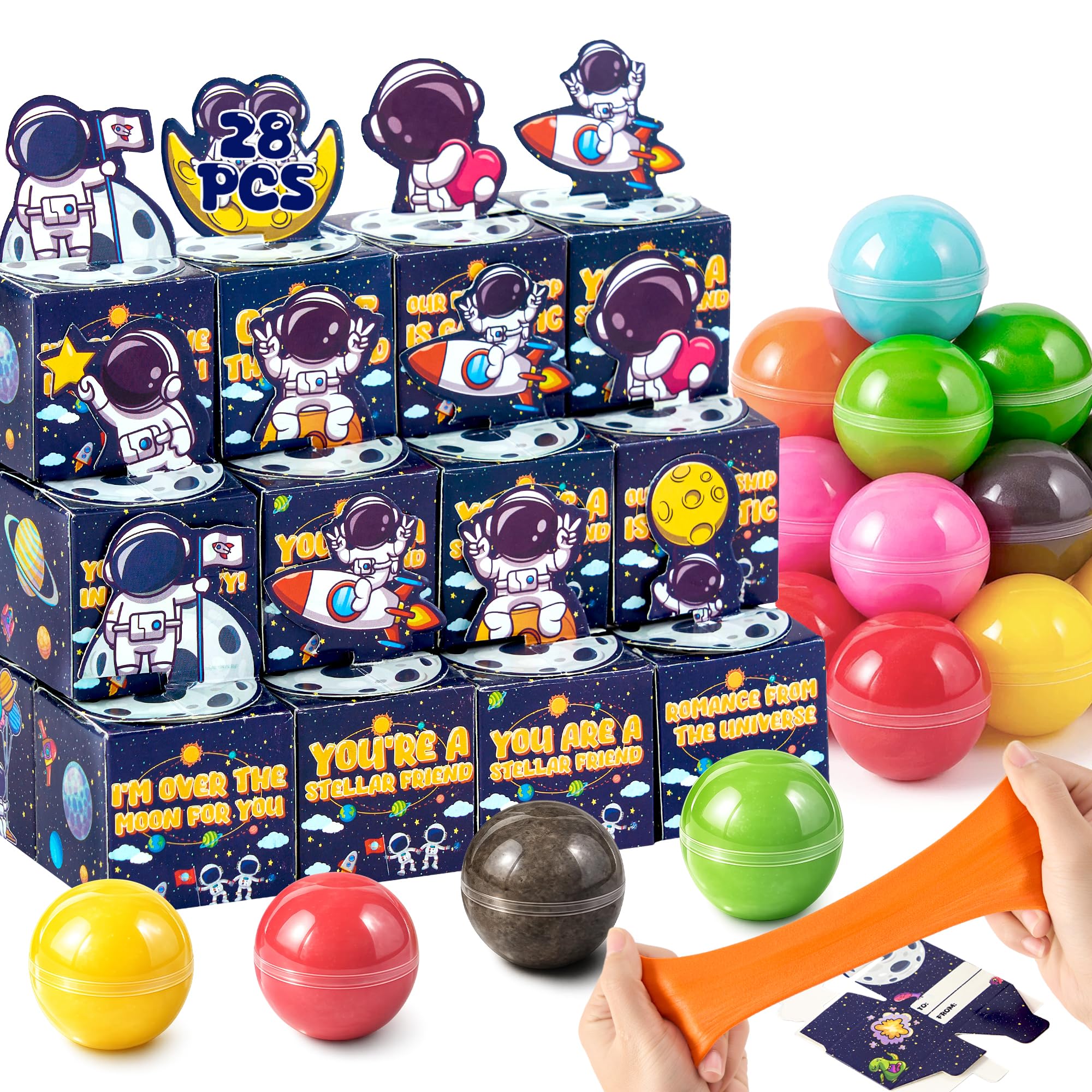 Funewest galaxy slime ball with greeting card box for kids' classroom exchanges and party favors.