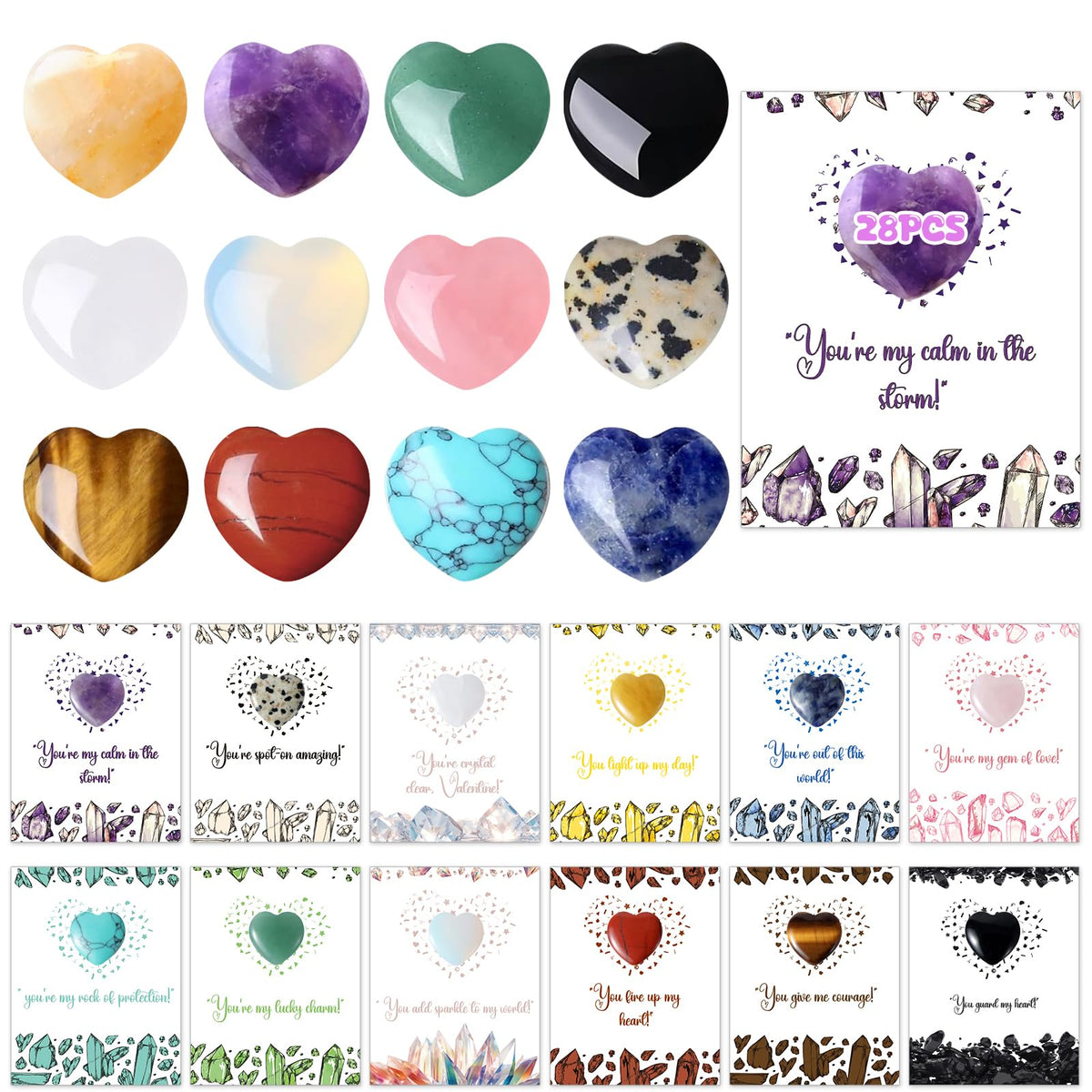 Funewest heart crystal gemstones in varied colors for candy-free classroom exchanges.